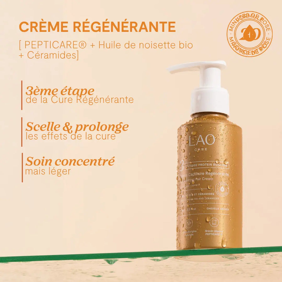 LAO Care Bond Repair Leave-In Cream, gold pump bottle, PEPTICARE and ceramides
