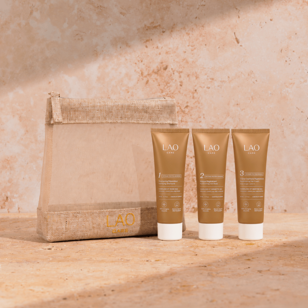 Trousse voyage Cure Régénérante LAO Care : pochette en toile et 3 tubes de voyage