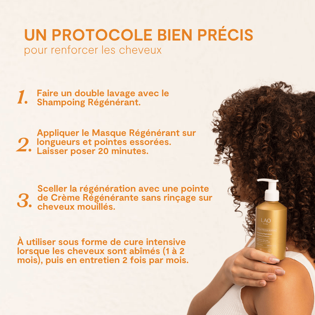 Femme aux cheveux bouclés tenant le Shampoing Régénérant Bond Repair, protocole de la Cure LAO Care