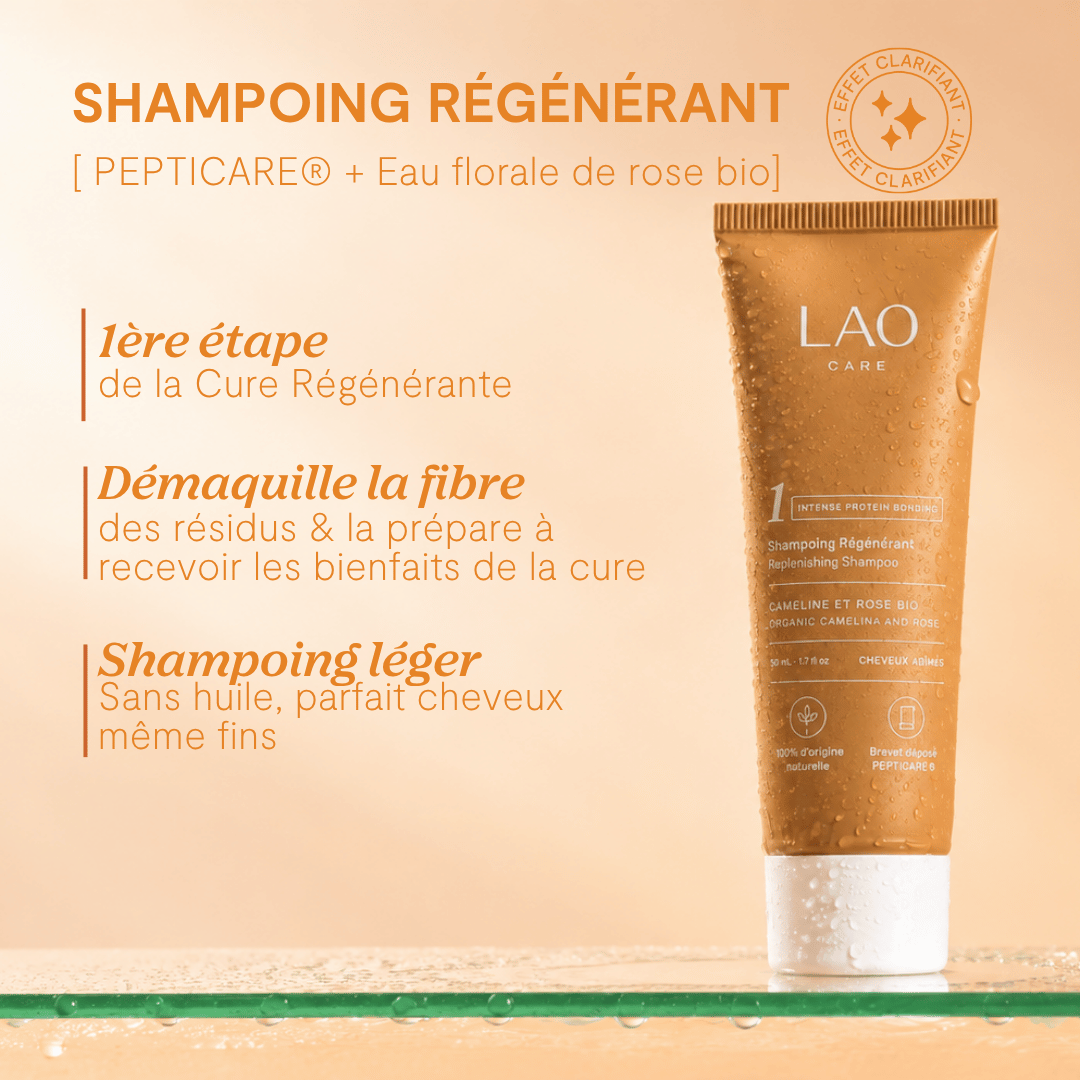 Shampoing Régénérant Bond Repair LAO Care format voyage, PEPTICARE et eau florale de rose bio