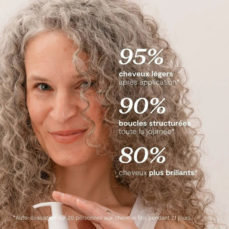 95 % cheveux légers, 90 % boucles structurées, 80 % cheveux plus brillants