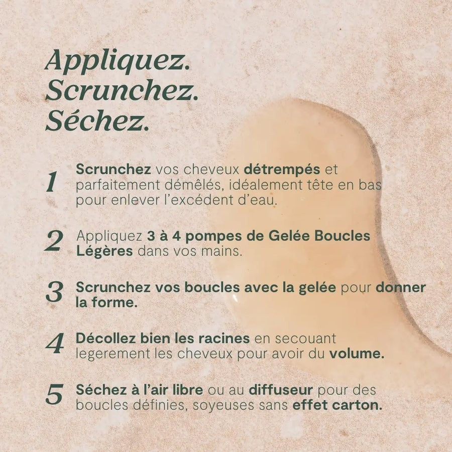 Texture transparente et mode d'emploi en 5 étapes : appliquez, scrunchez, séchez