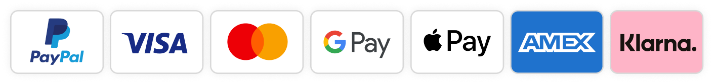 Paiement sécurisé : PayPal, Visa, Mastercard, Google Pay, Apple Pay, AMEX, Klarna