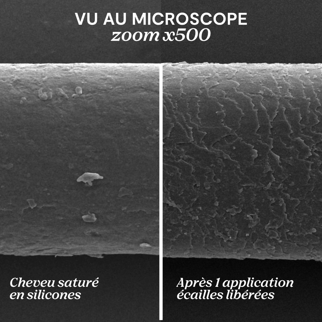 Cheveu vu au microscope, avant et après Silicone Détox