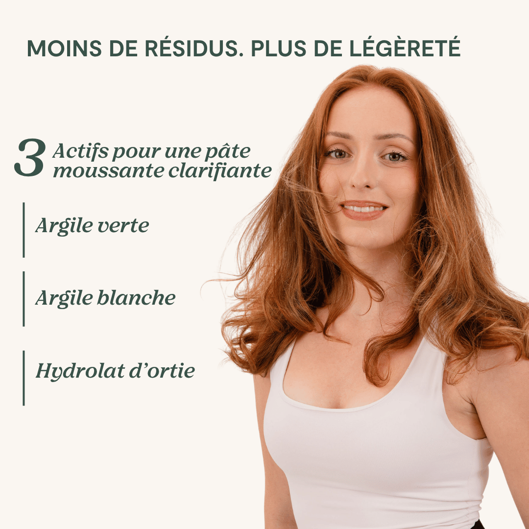 3 actifs pour une pâte moussante clarifiante : argile verte, argile blanche, hydrolat d'ortie